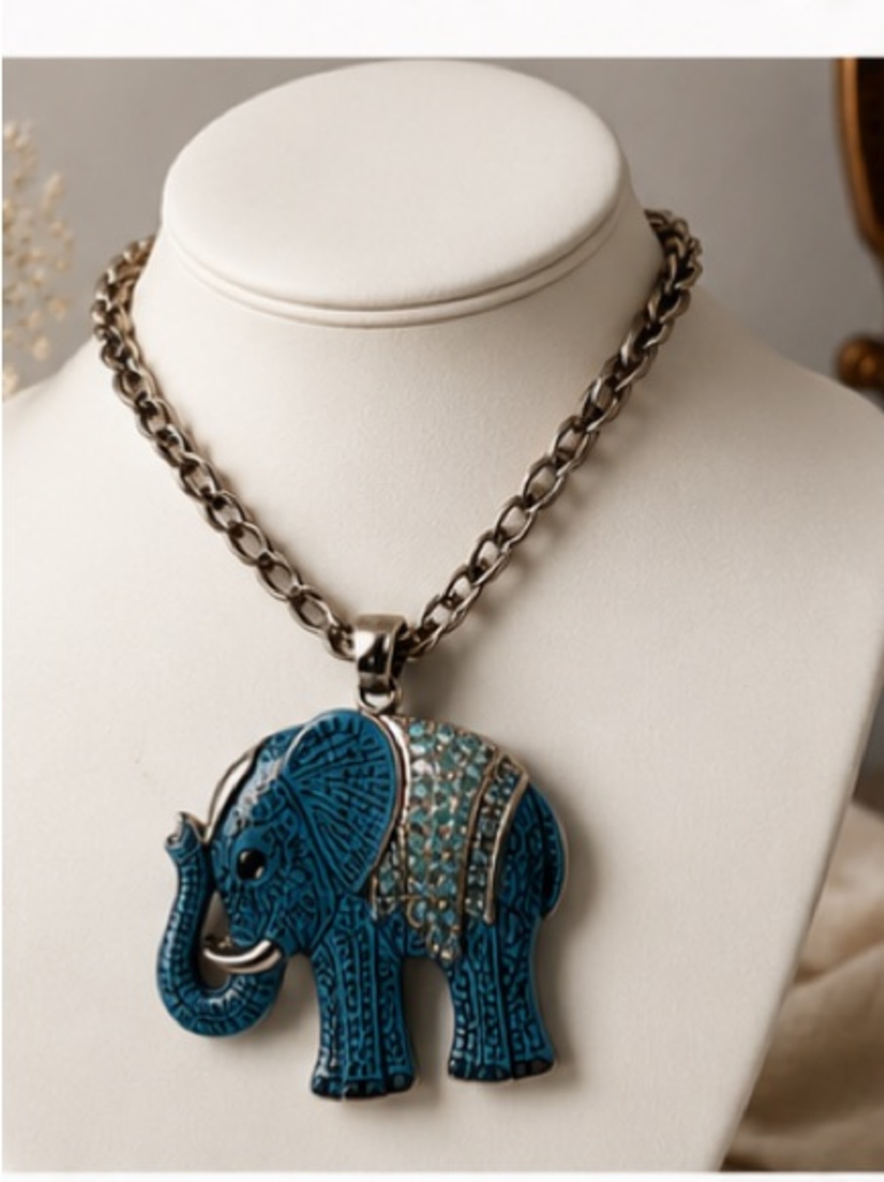 Monet Blue Elephant Pendant Necklace Rhinestone Boho Statement 34” maximalist
